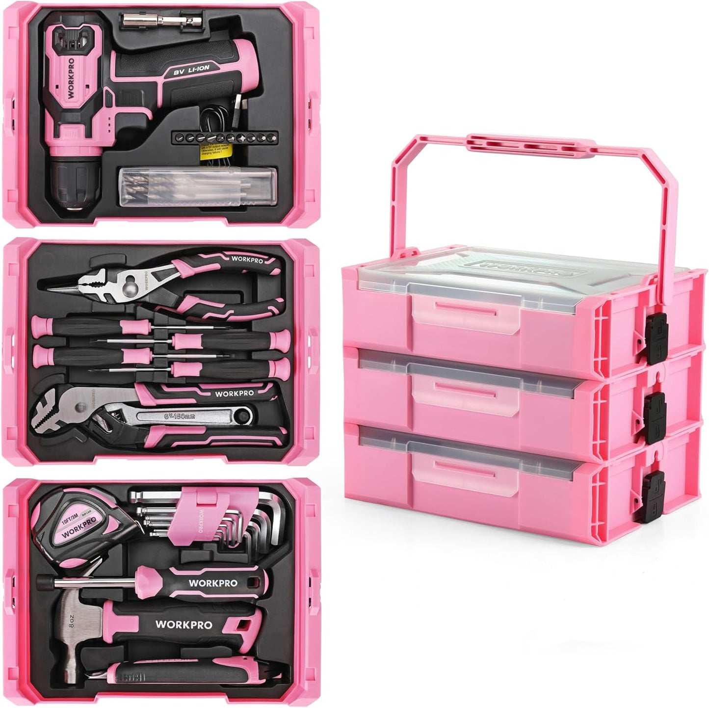 WORKPRO Pink Tool Set with Drill, 43PCS Power Drill Set with Toolbox, 8V Lithium-ion Cordless Drill and Bits, 2.0 Ah Portable Electric Screwdriver Home Tool Set with Stackable Box- Pink Ribbon
