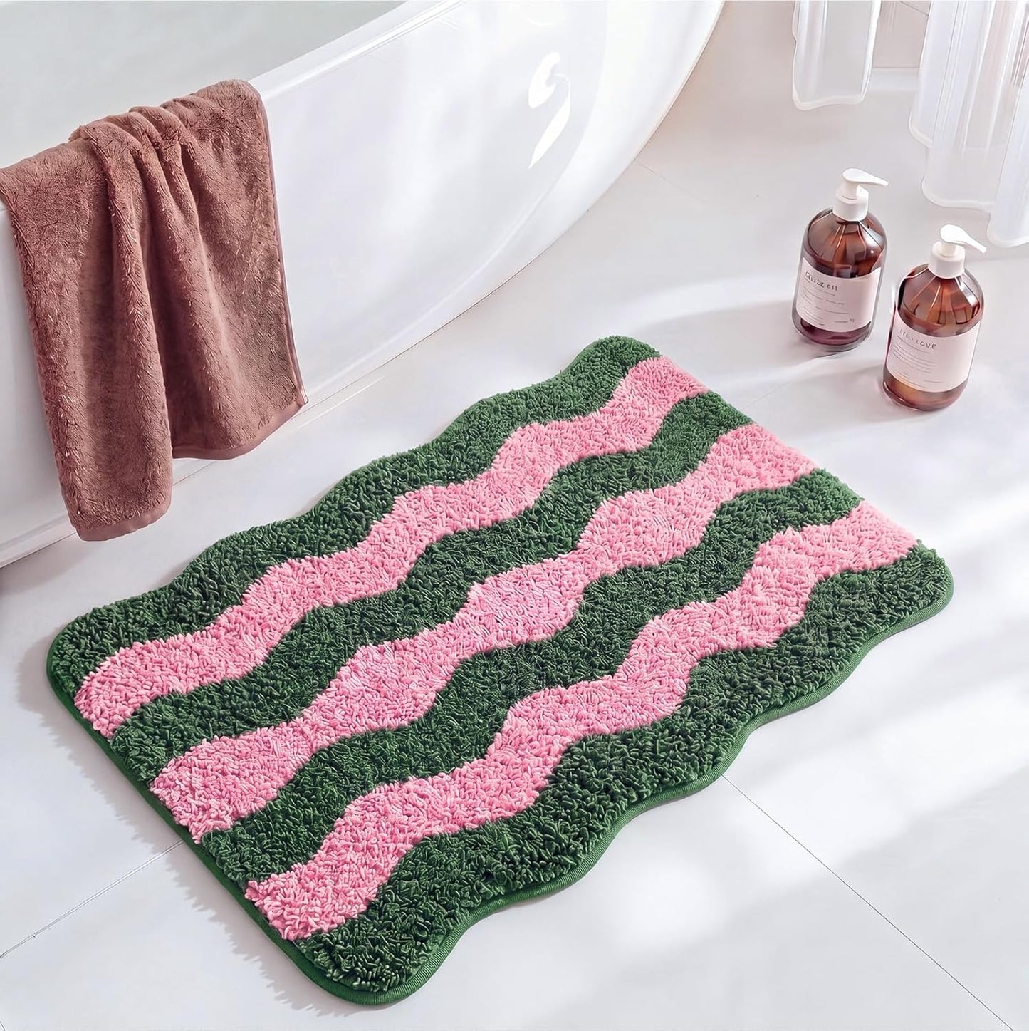 Nuanchu Cute Scalloped Bathroom Rug, Plush Tufted Absorbent Soft Wave Striped Bath Mat 24"x16", Non-Slip Washable Floor Carpet for Bathroom Bedroom Kitchen(Pink & Sage Green)