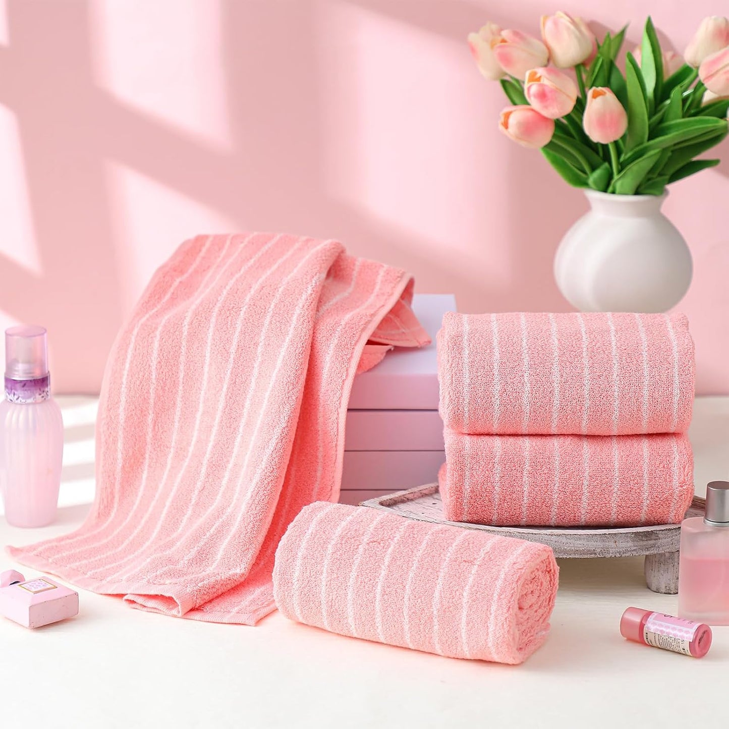 Mindsoft 4pcs Pink Hand Towels for Bathroom Striped 14 x 29 Inch Hand Towels 100% Cotton Soft Absorbent Bath Decorative for Bathroom Kitchen Spa Workout Festival Gift
