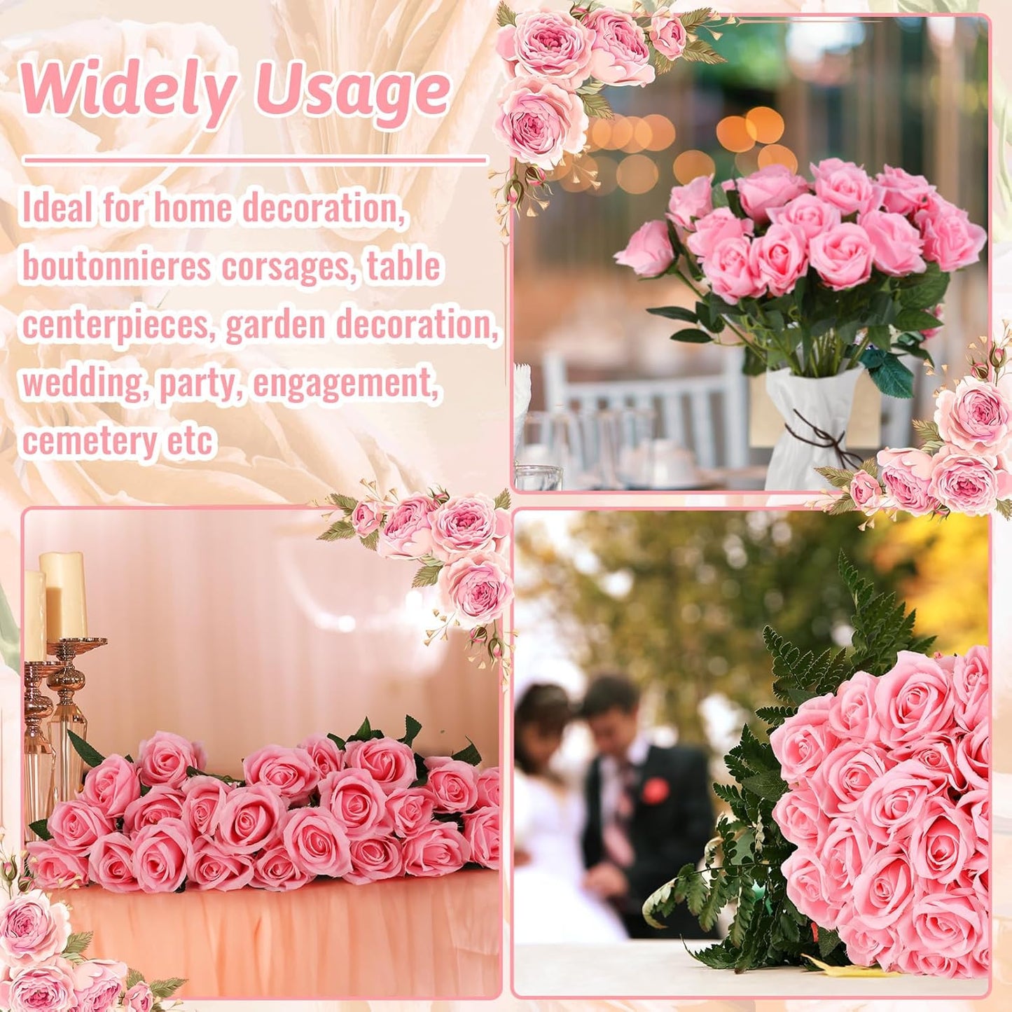 24 Pcs Pink Rose Artificial Flowers with Long Stem Real Touch Silk Plastic Bouquet Pink Roses Bulk for Wedding Party Table Centerpieces Festival Decorations