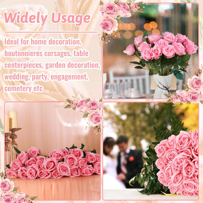 24 Pcs Pink Rose Artificial Flowers with Long Stem Real Touch Silk Plastic Bouquet Pink Roses Bulk for Wedding Party Table Centerpieces Festival Decorations