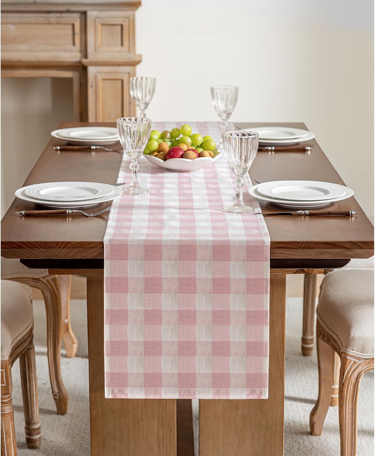 Gingham Table Runner, Cotton Linen Style Picnic Checkered Table Runners Farmhouse Buffalo Plaid Baby Shower Birthday Party Decoration Home Dining Kitchec Decor, Pink 13x72