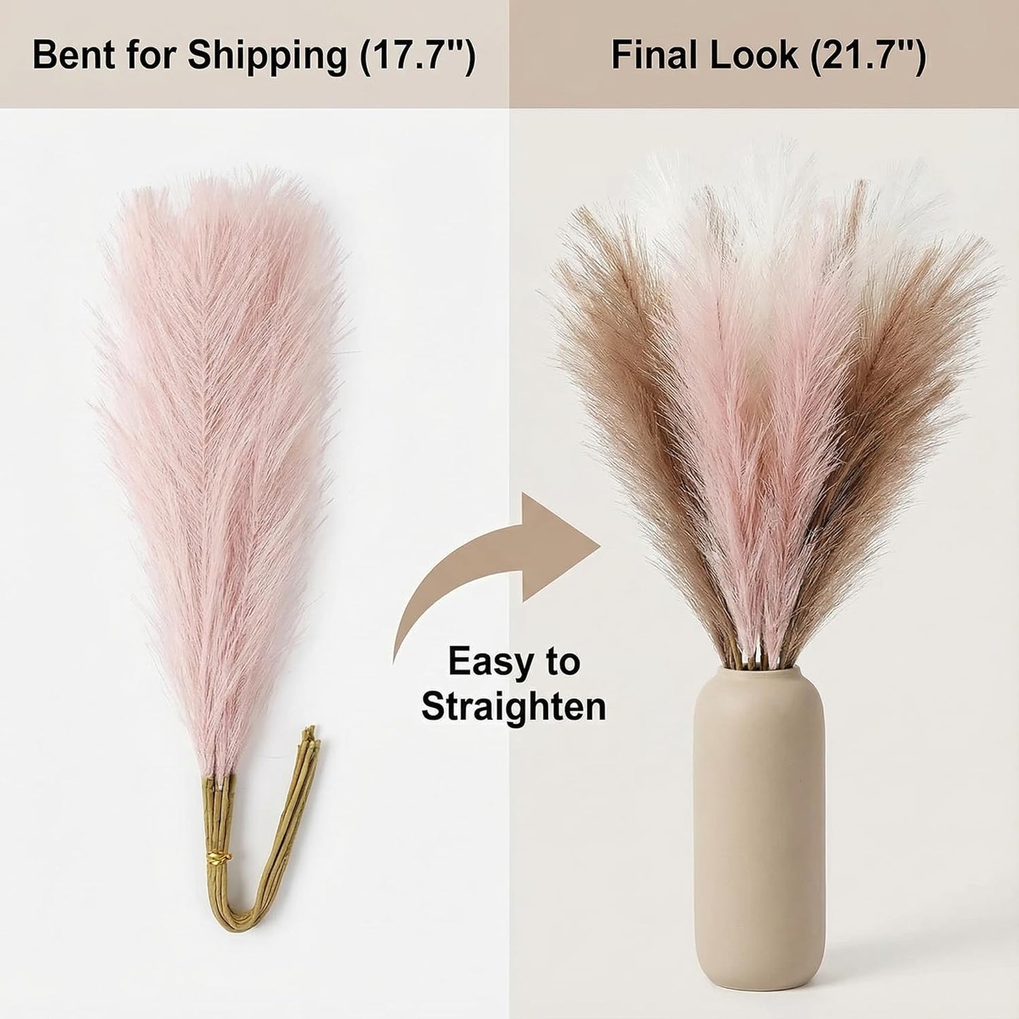 Pampas Grass Decor 30pcs 21.7 Inch, Faux Pampas Grass White Pink Brown Artificial Dried Flowers Fluffy No Shedding for Boho Wedding Home Bedroom Vase Filler