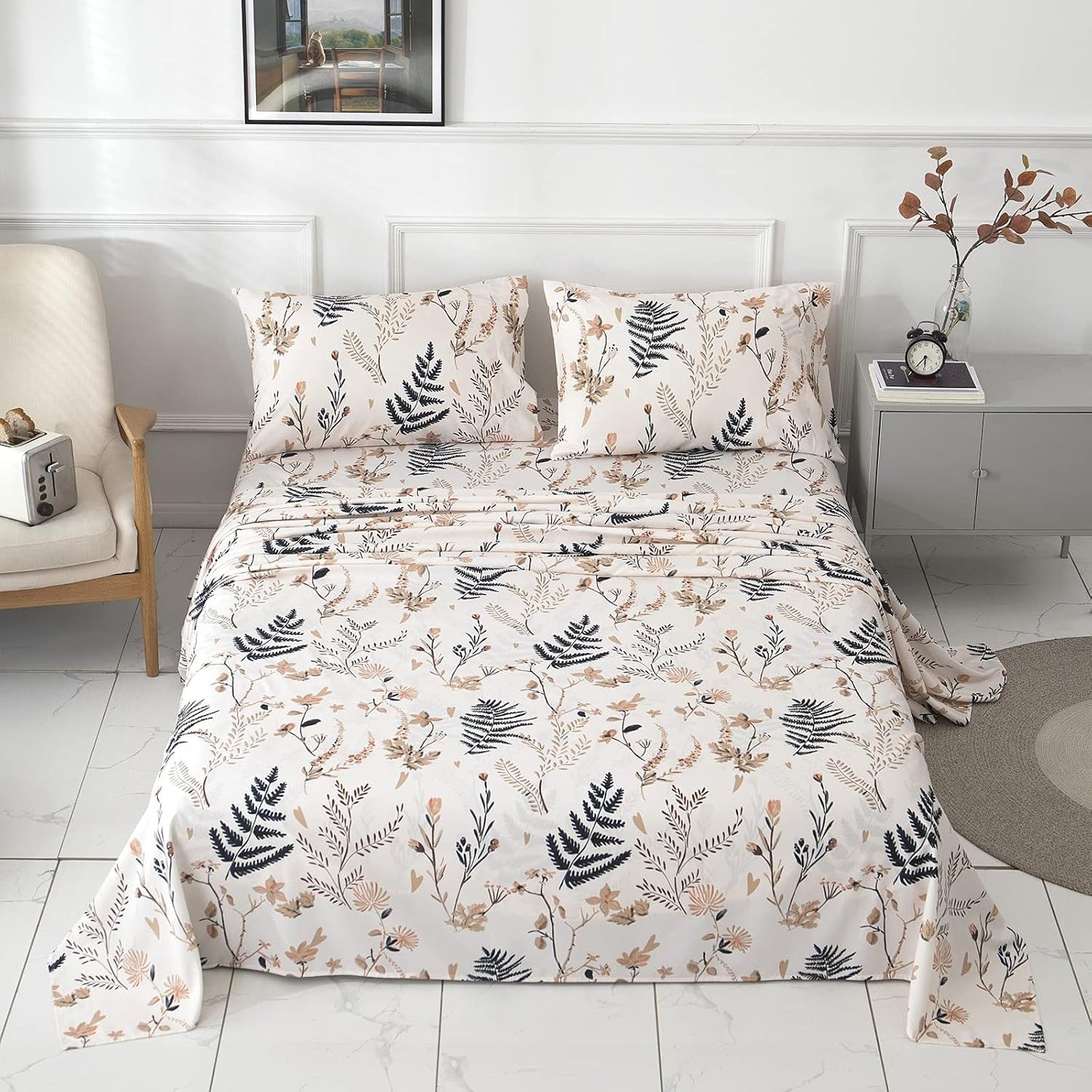 JSD Boho Floral Print Sheet Set Queen 6 Piece, Soft Blush Botanical Pattern Microfiber Bed Sheets Extra Deep Pocket