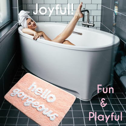 Hello Gorgeous Bath Mat Peach Orange Coral Beautiful Cute Bathroom Rugs for Girls Pink You Look Good Funny Shower Fun Bathroom Decor Non-Slip Washable Kids Women