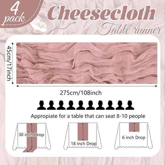 4 Pack Dusty Pink Cheesecloth Table Runner 17x108 Inch Boho Gauze Cheese Cloth Table Runners Romantic Rustic Semi Sheer Table Decor for Wedding Baby Shower Birthday