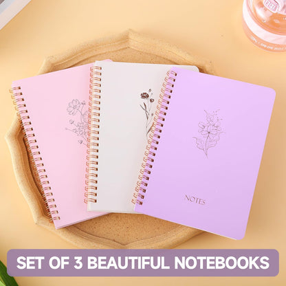 Spiral Notebook 3 Pack - 100GSM Smooth No-Bleed Paper,120 Pages A5 8.26x5.7 Inch, 7mm Ruled Pages, Inner Pocket | Journal Writing, College, Office Meetings (PINK AND PURPLE AND BEIGE)
