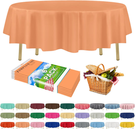 ZIMPLEWARE Premium Peach Plastic Table Cloth Disposable (6 Pack) Round Tablecloth (84in) Party Table Cloths Disposable, Perfect Table Cloth Round Cover for Any Table Up to 6 Feet