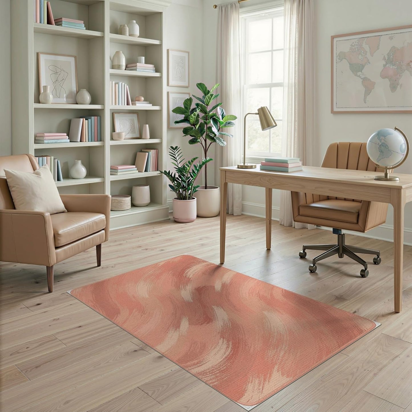 4'x6' Washable Flatwoven Rug, Peach Modern Abstract Easy Care Throw Carpet Stain Resistant Low Profile Floor Covering for Dorm Room, Small Living Room, Apartment | Ref:2117060