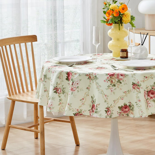 Pink Floral Tablecloth Shabby Chic Flower Round Table Cloth Spring Vintage Floral Table Cover Waterproof for Dinner Kitchen Picnic, Pink, 60 Inch