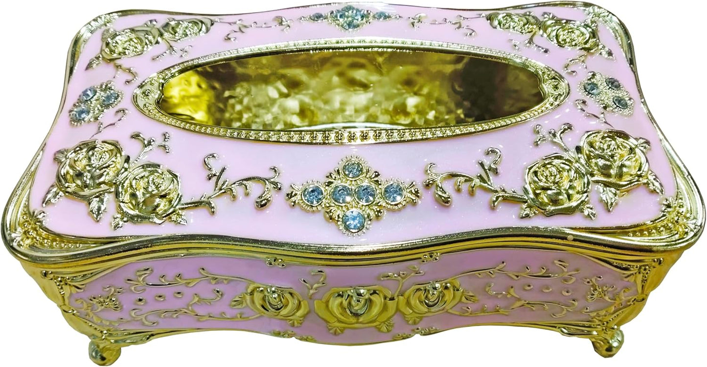 European Luxury Tissue Box Holder,Bling Rose Rhinestone Rectangle Tissue Box Cover,Decorative Tissue Box Holders (Gold & Pink)