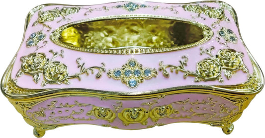 European Luxury Tissue Box Holder,Bling Rose Rhinestone Rectangle Tissue Box Cover,Decorative Tissue Box Holders (Gold & Pink)