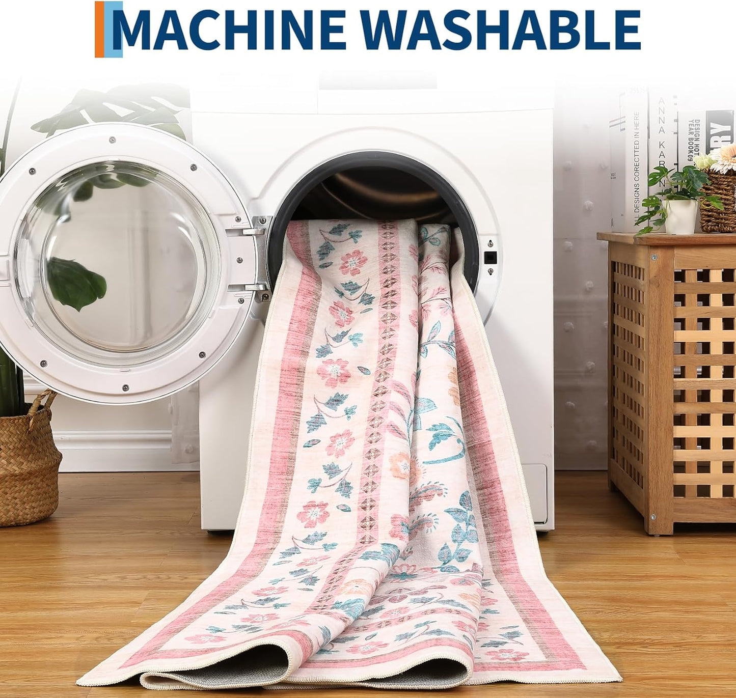 GarveeHome 10x14 Area Rugs for Living Room Machine Washable Floral Rugs Soft Stain Resistant Non-Slip Backing Low Pile Floor Carpet for Bedroom Girls Room Farmhouse Pink
