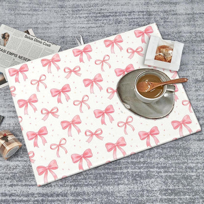 Bow Dish Drying Mat, for Kitchen Counter Microfiber Absorbent, Pink Cute Dish Draining Mat Extra Large 18"x24"
