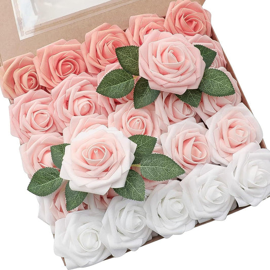 Artificial Flowers Roses with Stems for DIY Wedding Christmas Tree Bouquet Baby Shower Centerpiece Floral Arrangement Party Home Decor Mothers Day Decorations (Gradient Color Peach, 25 Pieces)
