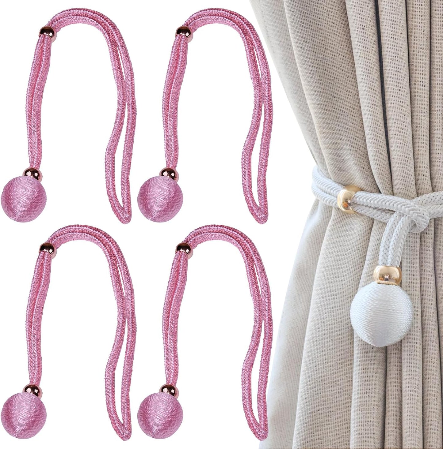Curtain Tiebacks Decorative Holdbacks with Ball, 4 Pack Simple and Elegant Handmade Tie Backs for Modern Drapes, Wedding Party, Home Office (Pink)