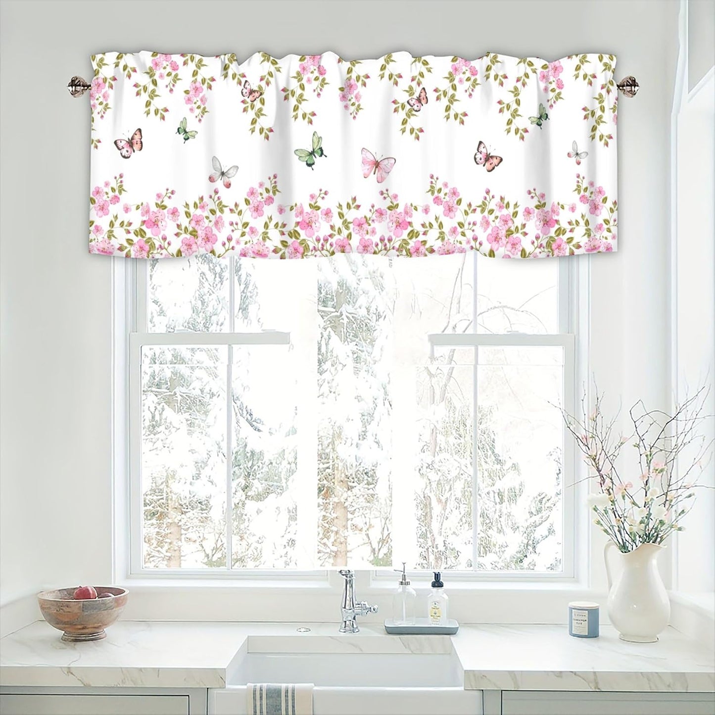 Spring Kitchen Curtain Valances for Windows, Pink Floral Butterflies Farmhouse Window Treatments Rod Pocket Short Curtains for Bathroom Living Room Bedroom 1 Panel,42x12 Inch