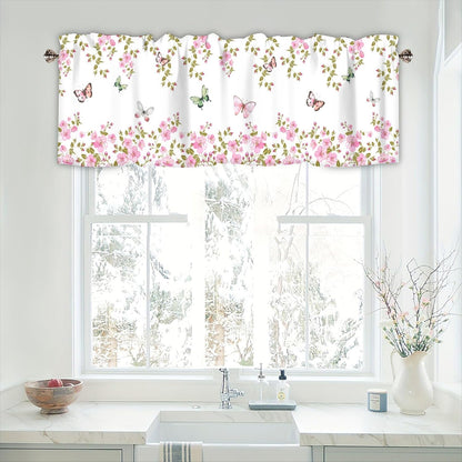 Spring Kitchen Curtain Valances for Windows, Pink Floral Butterflies Farmhouse Window Treatments Rod Pocket Short Curtains for Bathroom Living Room Bedroom 1 Panel,42x12 Inch