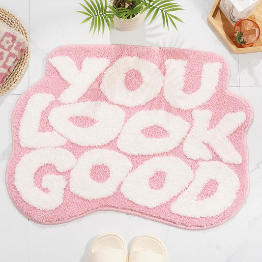 ELDONE You Look Good Bath Mat - Cute Light Pink Bathroom Rugs Non Slip Washable, Blue Bathroom Decor, Bedroom Decor Aesthetic, Funny Funky Trendy Pink and White Bathroom Mats 25" x 21"
