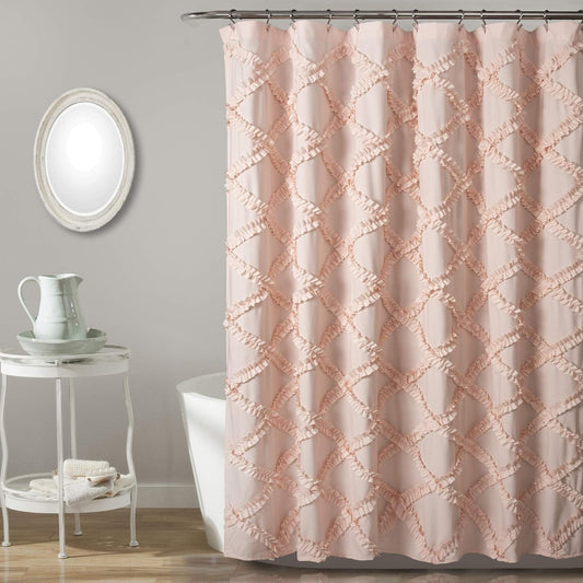 Lush Decor Ruffle Diamond Shower Curtain 72"L x 72"L Blush - Fabric Shower Curtains for Bathroom - Pink Bathroom Curtain - Vintage Farmhouse Decor