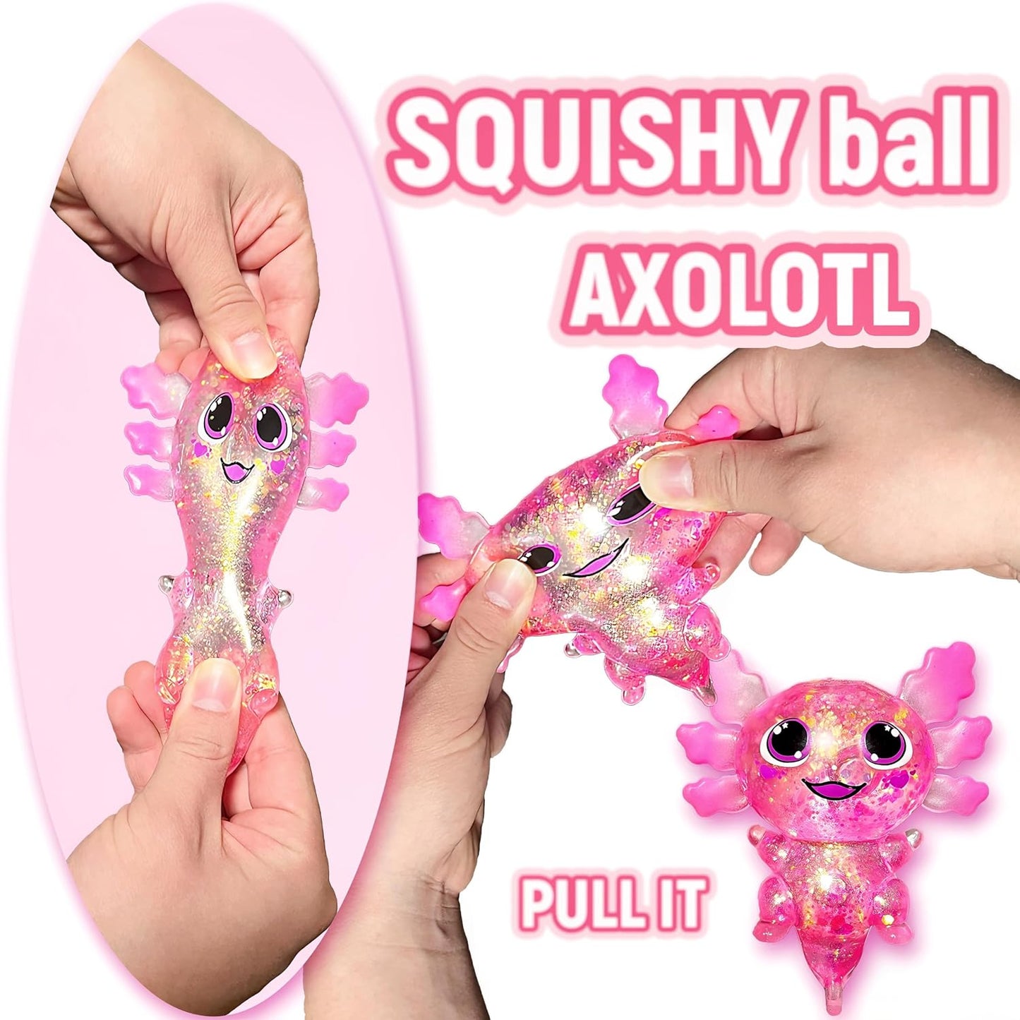 Squishy Axolotl Sugar Stress Balls Squeeze Toy for Kids, Slow Rise Squishy Axolotl Sensory Fidget Toys, Glitter Axolotl Sugar Squeeze Stress Ball Easter Basket Stuffers (Pink)