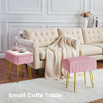 FUXA Vanity Stool with Storage, Pink Vanity Chair 4 Metal Legs with Anti-Slip Feet, Faux Fur Soft Padded Seat, Cute Small Footstool Ottoman, Modern Multifunctional Chairs for Makeup Bedroom