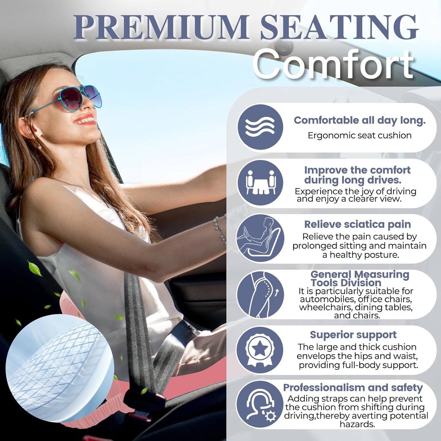 Memory Foam Seat Cushion for Sciatica & Back Pain Relief - Ergonomic Chair Pad with Adjustable Strap & Supportive Comfort Cover, Non-Slip for Car, Truck, Office Chair - Pink