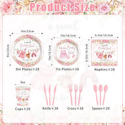 140PCS Pink Baby Shower Decorations Girls Baby Shower Party Supplies Disposable Plates Napkins Spoons Cups Tableware Set Serve 20 Guests