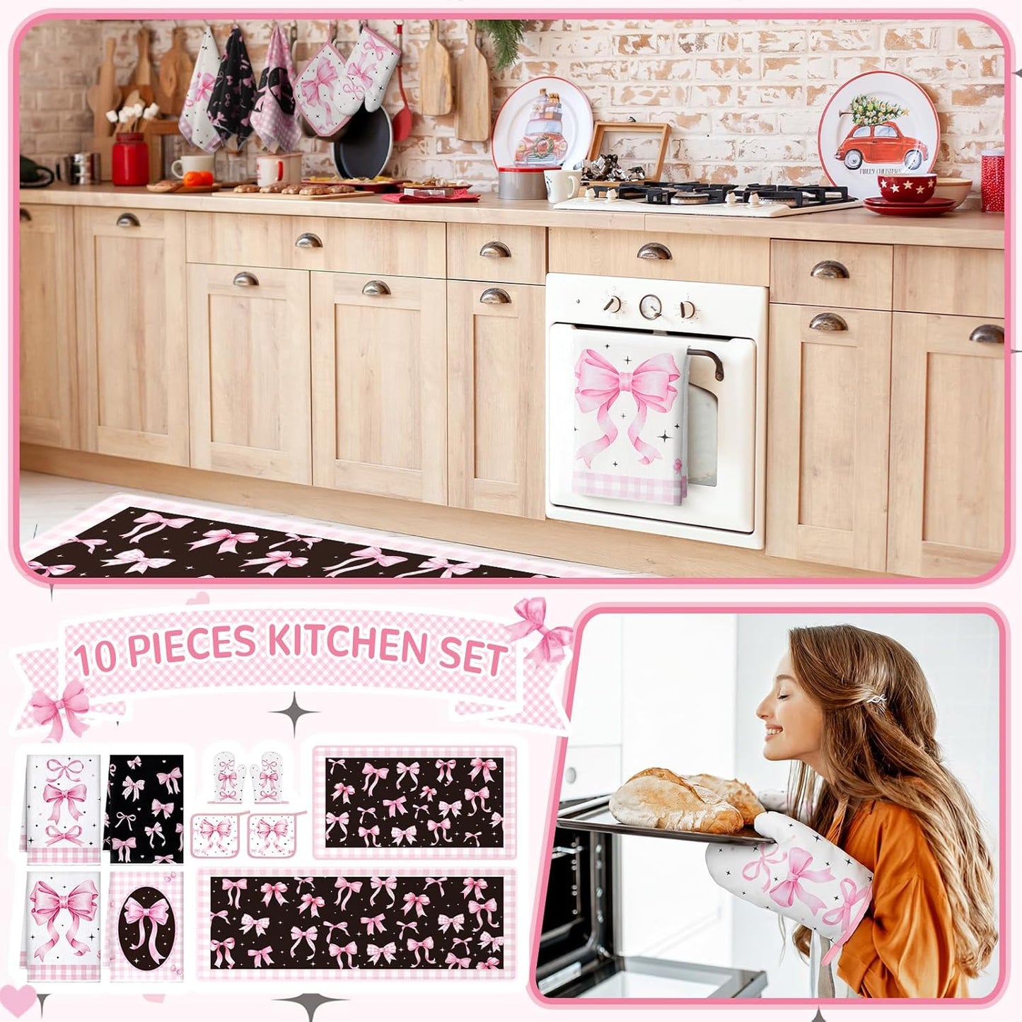 Fourluoo 10 Pcs Pink Bow Kitchen Decor Sets 4 Pink Plaid Kitchen Dish Towels 2 Pot Holders 2 Oven Mitts Glove 2 Cute Non Slip Rugs and Mats for Floor Home Decorations Accessories Mom Gifts
