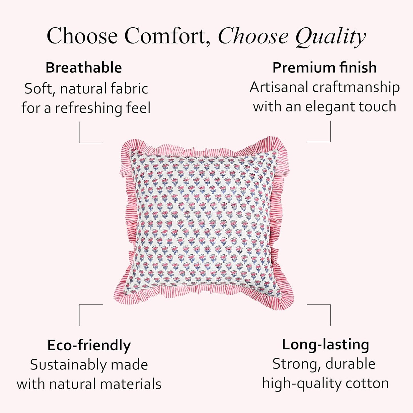 CPC Pink Sapphire Ruffle Throw Pillow Covers for Couch, 18x18 Inch Cotton Stripe Ruffle Couch Pillows for Living Room, Hidden 14 Inch Zipper Boho Pillow Case or Cute Outdoor Pillows