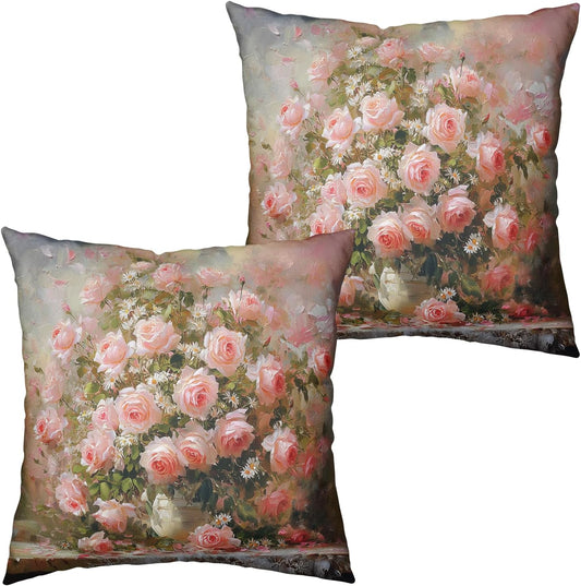 Retro Pink Flower Throw Pillow Covers Vintage Daisy Rose Floral Pillow Covers 18x18 Set of 2 Shabby Chic Oil Painting Outdoor Pillowcases for Home Bedroom Living Room Sofa Couch