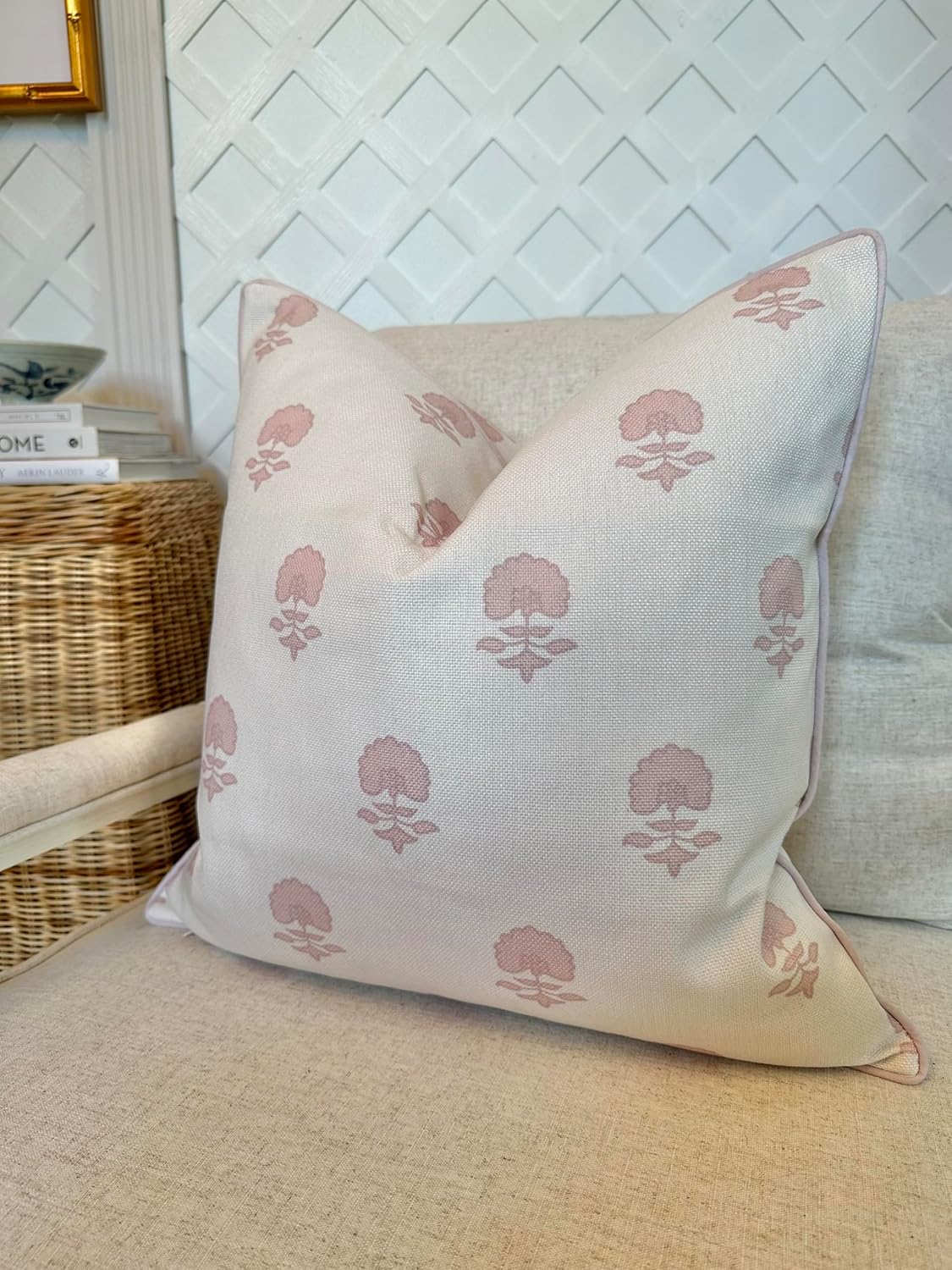 Jillien Harbor “The Lauderdale” Floral Block Print Pillow Cover – Blush Pink and Off-White Decorative Throw Pillow Cover – Grandmillennial Home Decor, 20" x 20"