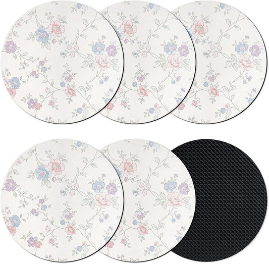 Blue Purple Flowers Coasters Set of 6, Rustic Light Purple Blue Pink Floral Silicone Coasters for Drinks Non-Slip Cup Mat for Home Kitchen Table Decor