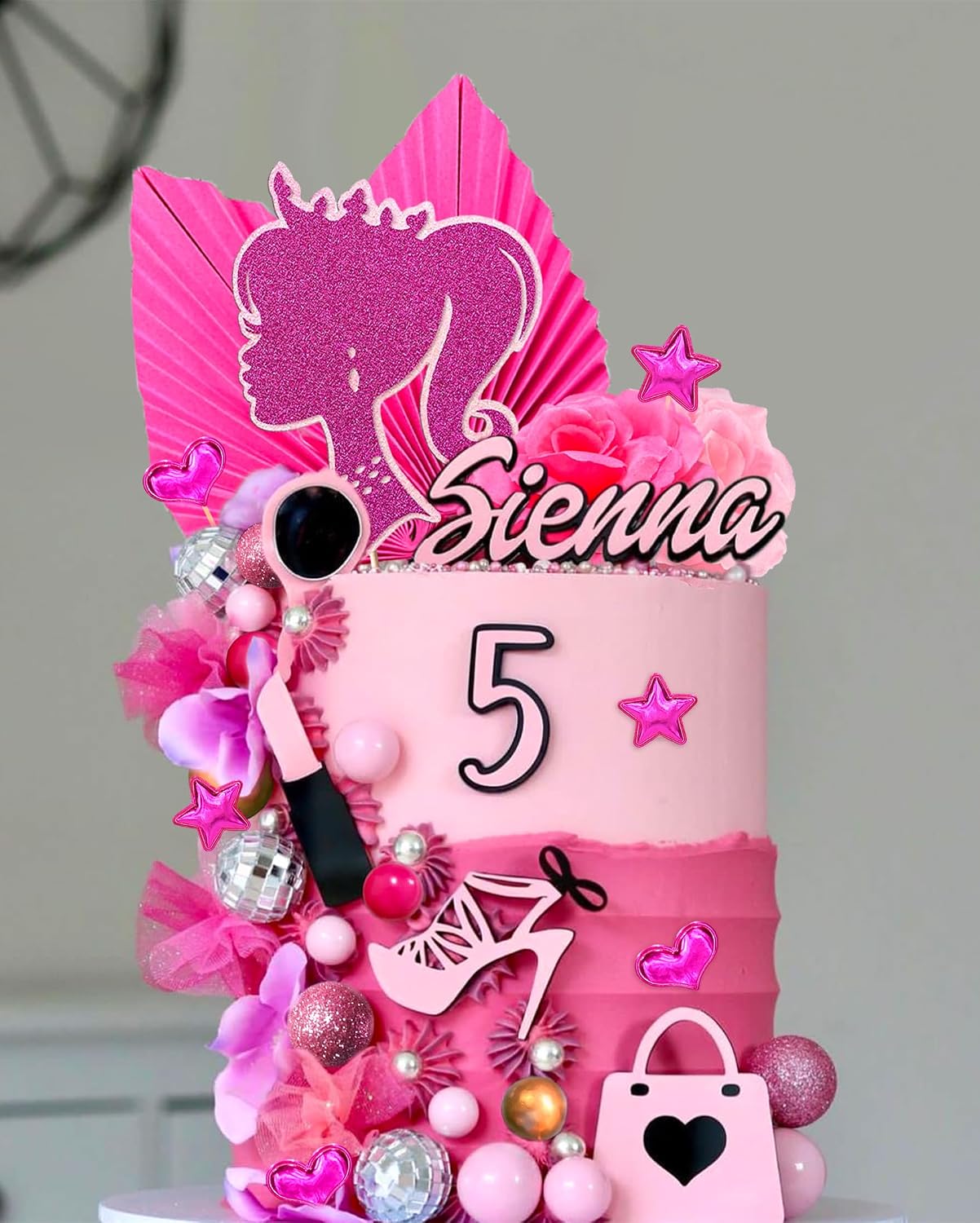 JeVenis Princess Hot Pink Girl Cake Decoration Pink Girls Birthday Decoration Balls Palm Leaves Heels Lipstick Bags Cake Topper for Birthday Bridal Shower Baby Shower