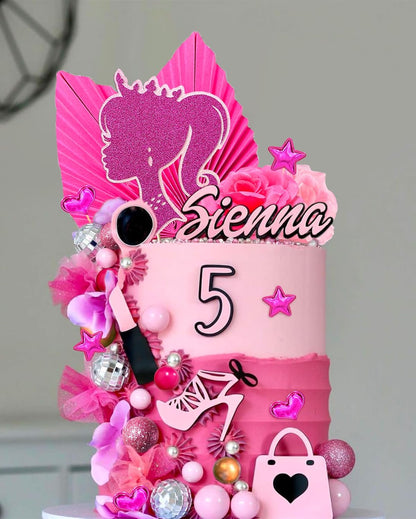 JeVenis Princess Hot Pink Girl Cake Decoration Pink Girls Birthday Decoration Balls Palm Leaves Heels Lipstick Bags Cake Topper for Birthday Bridal Shower Baby Shower
