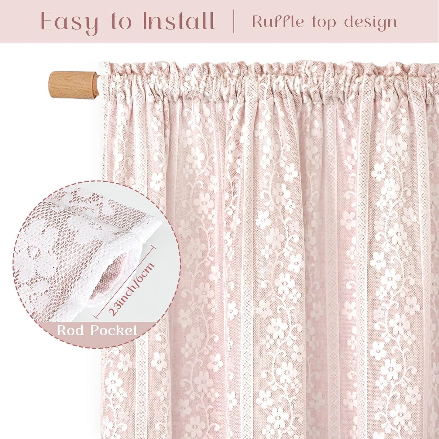 ASPMIZ Linen Pink Kitchen Tier Curtains 36 Inch Length, Double Layered Kitchen Curtain with Linen and Lace, Rod Pocket Window Curtains with Tiebacks, Boho Window Treatments for Bathroom Cafe, 2 Panel