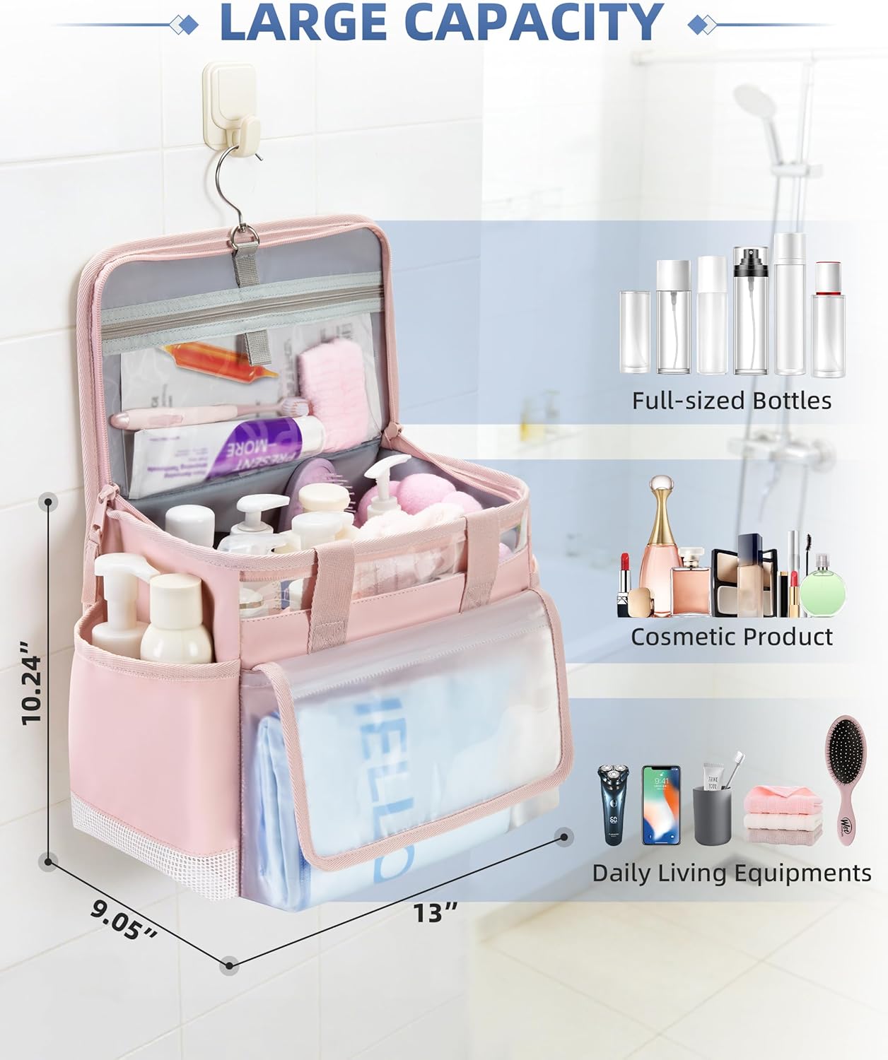 Marscamd Hanging Shower Caddy Organizer Bag for Travel with Hanging Hook, Quick Dry Mesh Bathroom Caddy Toiletry Bag with Handle for College, Dorm, Gym, Camping, Pink