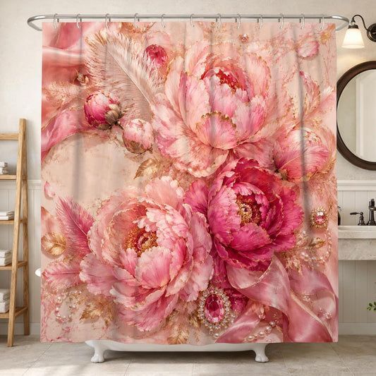 Peony Shower Curtain, Floral Romantic Ribbon Feather Spring Peach Waterproof Fabric Toile Cloth Shower Curtains Decor for Bathroom Guest Room 72x72 Inch
