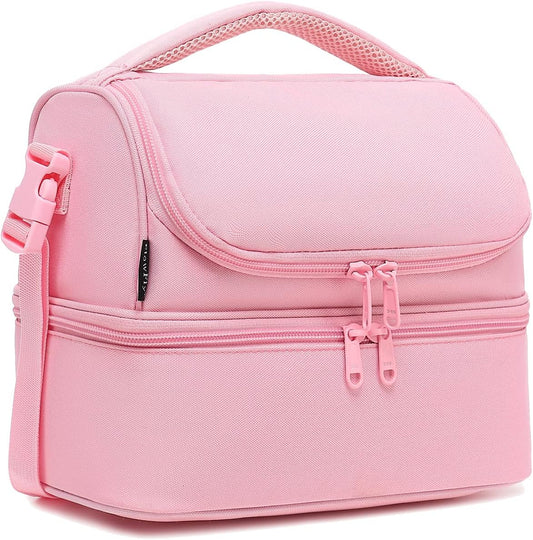 FlowFly Double Decker Cooler Insulated Lunch Bag Large Tote for Boys, Girls, Men, Women, With Adjustable Strap,Pink