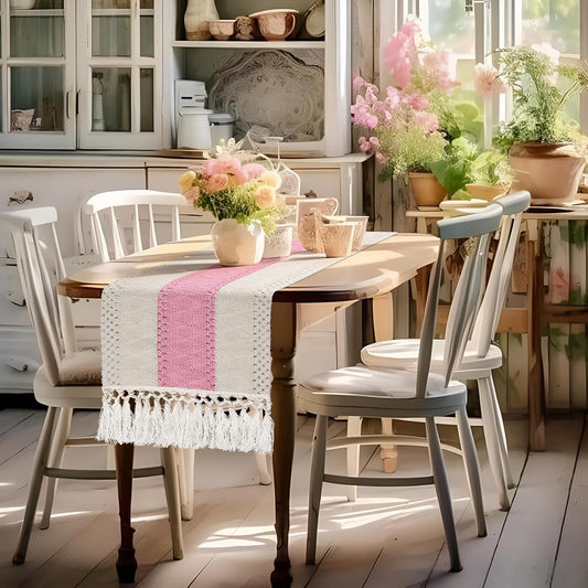yuboo Pastel Pink Spring Table Runner, Small Boho Macrame Dresser Runner Scarf 36 Inches for Nightstand, Coffee Table, End Table, Pink Shabby Cottage Valentine's Day Room Decor