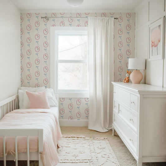 RollsRolla Vintage Stripe Pink Rose and Blue Bow Peel and Stick Wallpaper - French Country Cottage Inspired Temporary Wallpaper for Girls Rooms and Dorms, Renter-Friendly for Apartments