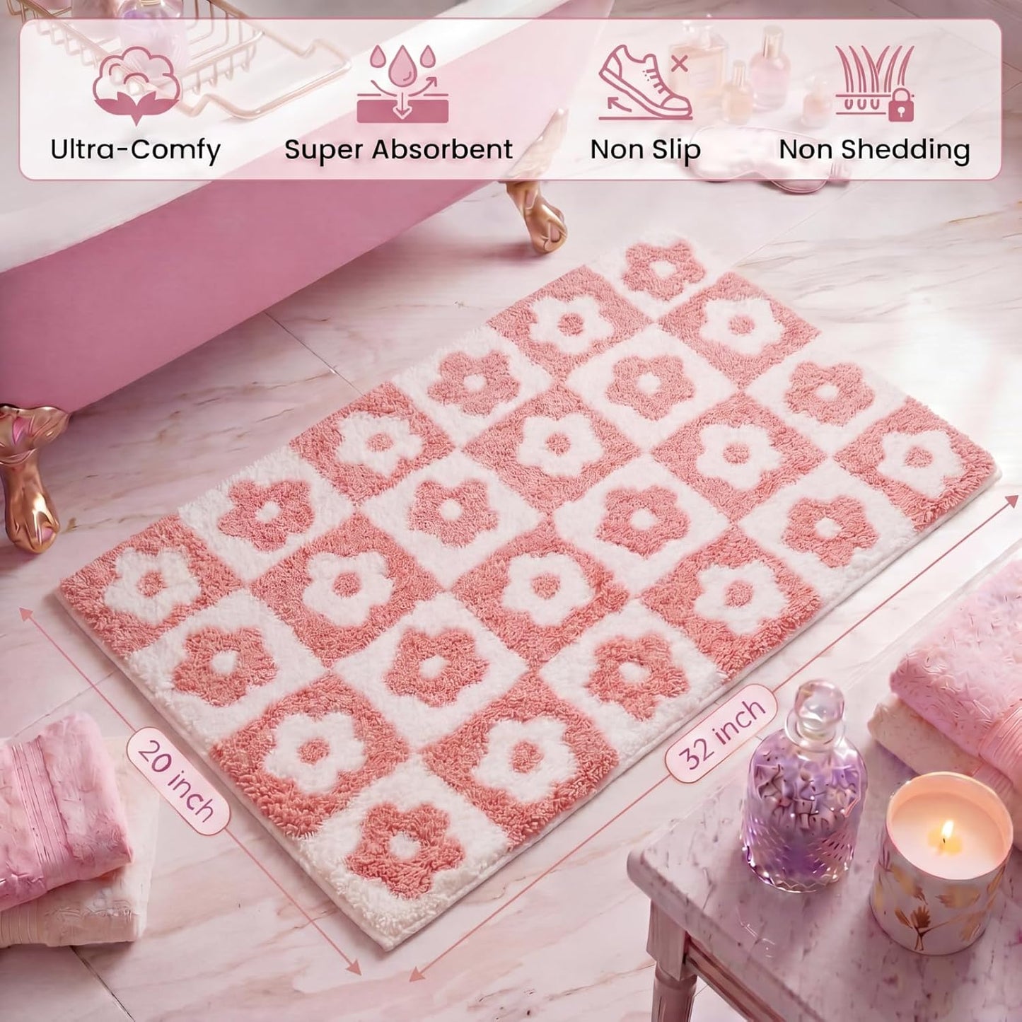Drydiet Checkered Bathroom Rugs 20 x 32 Inches Soft Absorbent Microfiber Bath Mat Non-Slip Flower Cute Bathmat for Bathroom Bedroom Living Room (Pink)