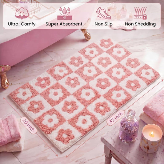 Drydiet Checkered Bathroom Rugs 20 x 32 Inches Soft Absorbent Microfiber Bath Mat Non-Slip Flower Cute Bathmat for Bathroom Bedroom Living Room (Pink)