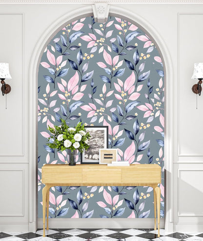 Pink Leaf Peel and Stick Wallpaper Boho Blue Contact Paper Yellow Floral Grey Wall Mural for Bedroom Bathroom Vinyl Waterproof Self Adhesive Removable Renter Dorm Wall Paper 17.5" x 118"