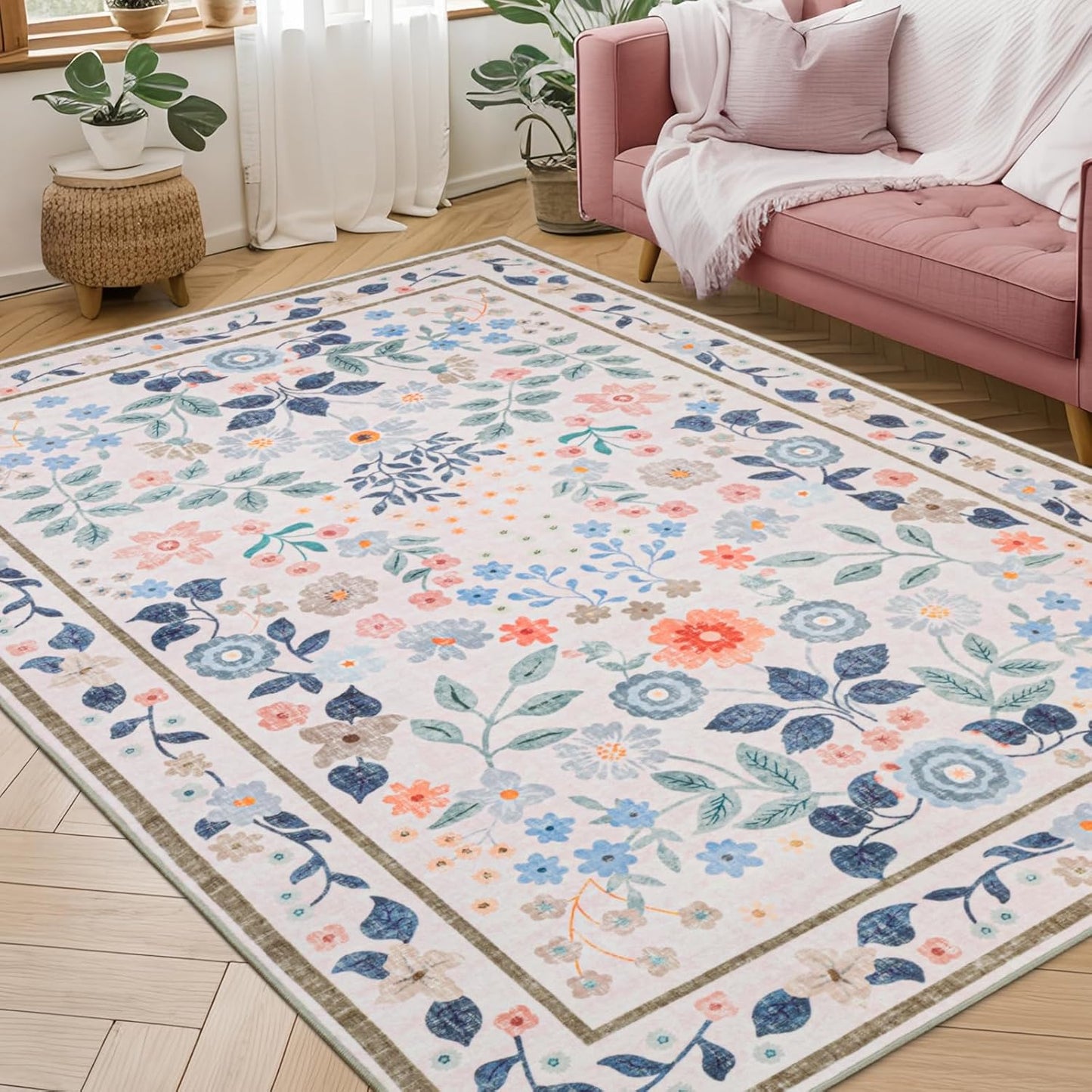 YIHOUSE 5x7 Pink Area Rug, Washable Bedroom Rug Floral Non Slip Soft, Small Colorful Throw Carpet for Nursery Dorm Kids Room Playroom Girls Room Pink,5'x7'