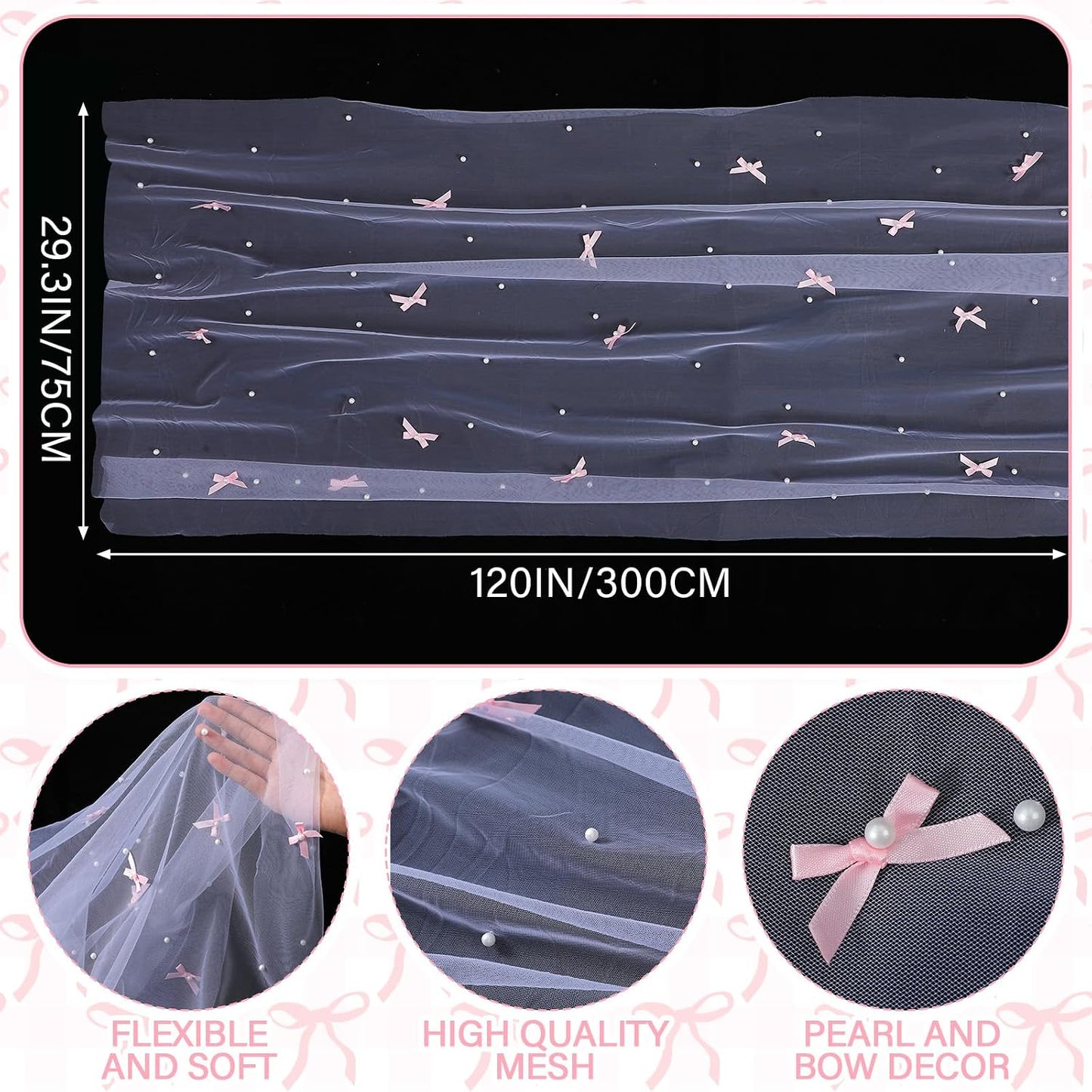 Pink Bow Pearl Table Runner 30 x 120 Inch Tulle Lace Table Runner Gauze Sheer Coquette Boho Wedding Centerpiece Decor for Baby Shower Bridal Party Wedding Arch Veil Birthday Decor