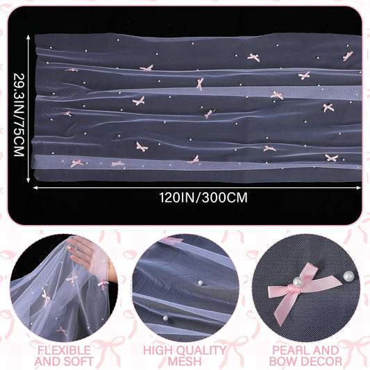 Pink Bow Pearl Table Runner 30 x 120 Inch Tulle Lace Table Runner Gauze Sheer Coquette Boho Wedding Centerpiece Decor for Baby Shower Bridal Party Wedding Arch Veil Birthday Decor