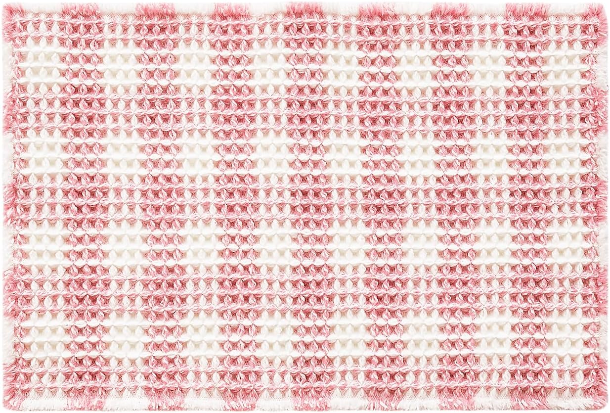 TYUU Waffle Bath Mat, Boho Bathroom Rugs Non Slip Washable Absorbent Checkered Bathroom Mat Quick Dry Cute Bath Mat, 30"x20" Pink and White
