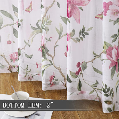 Tollpiz Floral Sheer Curtain Valance Pink Cherry Flower Butterfly Print Living Room Valance Curtains Rod Pocket Voile White Sheer Curtain Valances for Bedroom, 54 x 16 inches Long, Set of 1 Panel