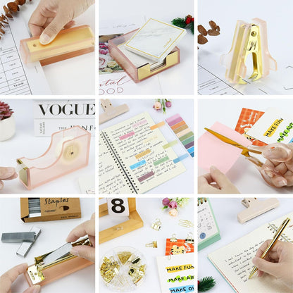 Buqoo Pink Gold Acrylic Office Set 11 in 1 - Desk Essentials with Stapler, Tape Dispenser, Staple Remover, Scissor & More - Office Supplies Kit for Women, Teachers, School & Home